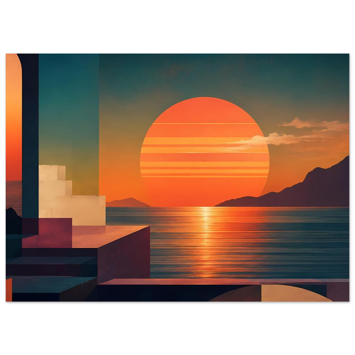 Querformat-Küstenkunstprint mit orangefarbenem Kreis am Sonnenuntergang und Wasserreflexen