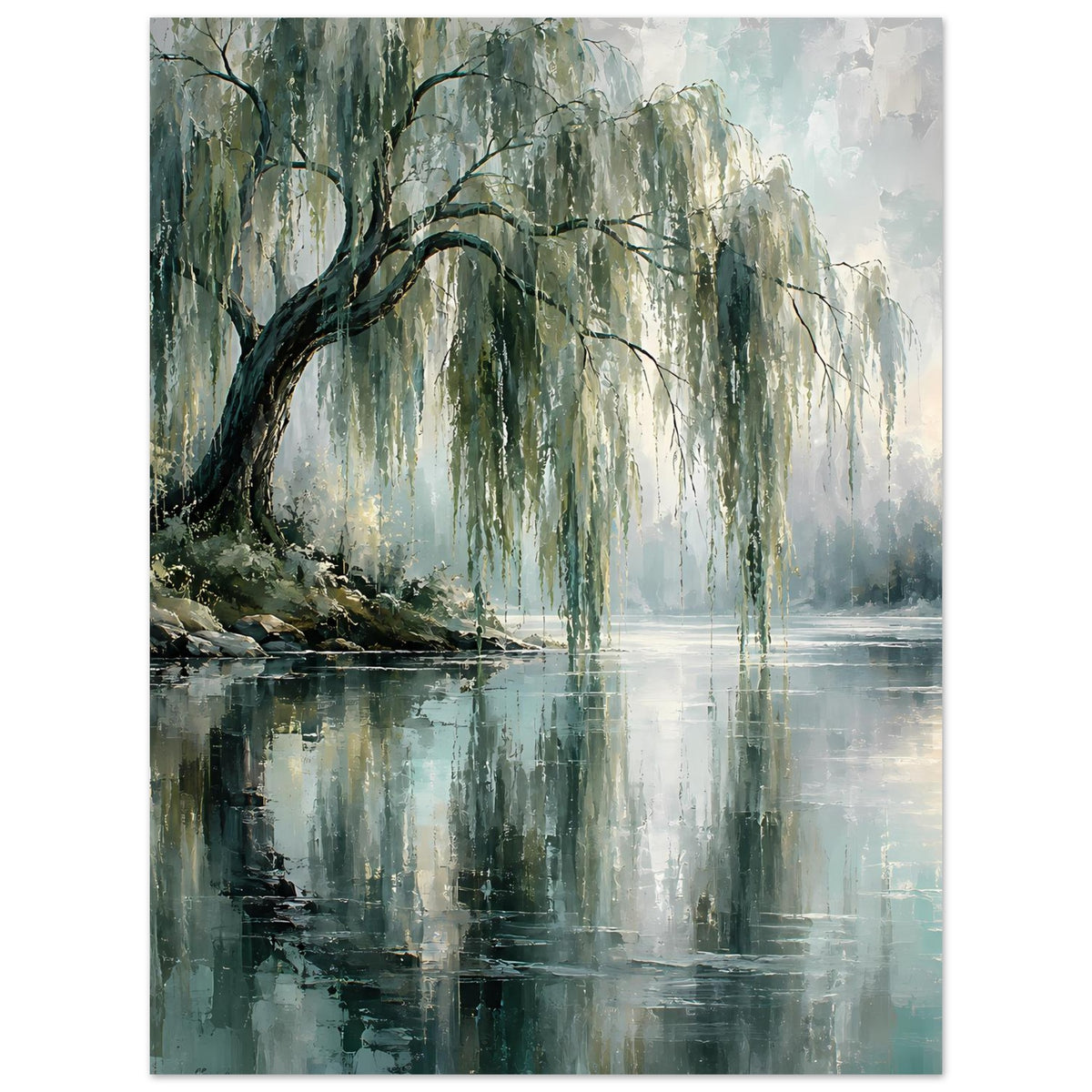 Poster im Hochformat mit Weidenzweigen und reflektierendem See im Vordergrund