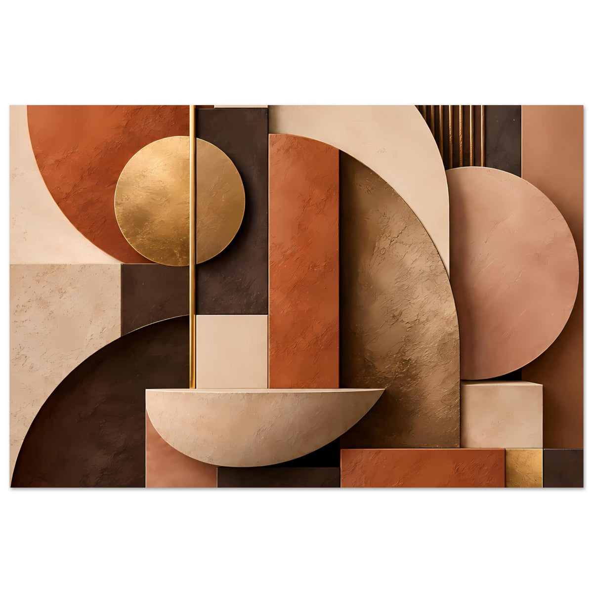 Kunstposter mit geometrischem Motiv: goldener Kreis, beiger Bogen und Blockflächen, quer