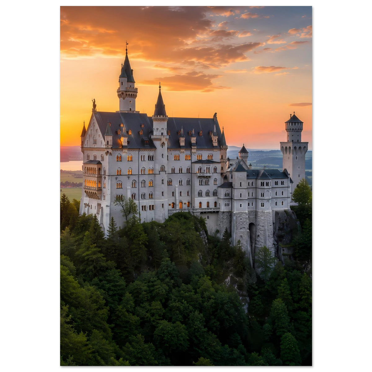 Poster mit Schlossanlage und Türmen, Blick über Bäume bei warmem Sonnenuntergang