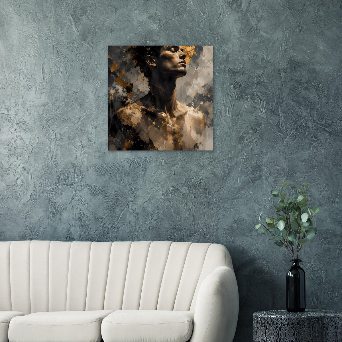 Abstraktes Männerporträt-Poster mit goldenen und dunklen Farbflächen, im Hochformat