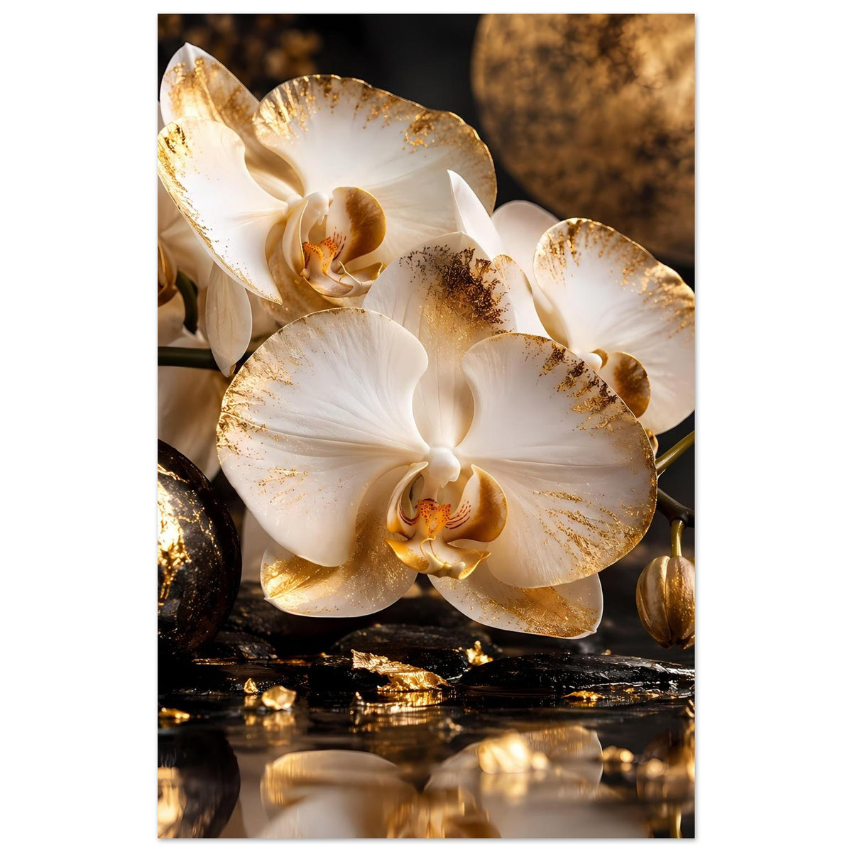 Orchideen-Poster: weiße Orchideen mit goldenen Sprenkeln, arrangiert auf dunklen Steinen