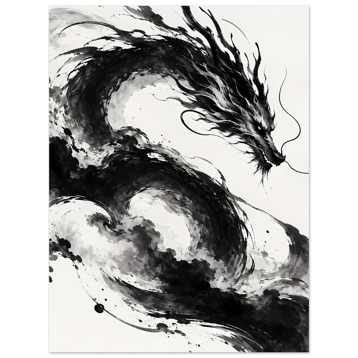 Drachenkunst-Poster, Schwarz-Weiß, Kopf und Flügel im Fokus