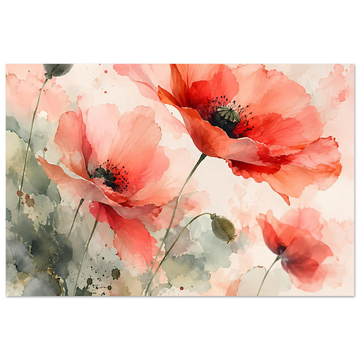 Aquarellposter im Querformat: Korallrosa Mohnblüten und grüne Blütenknospen