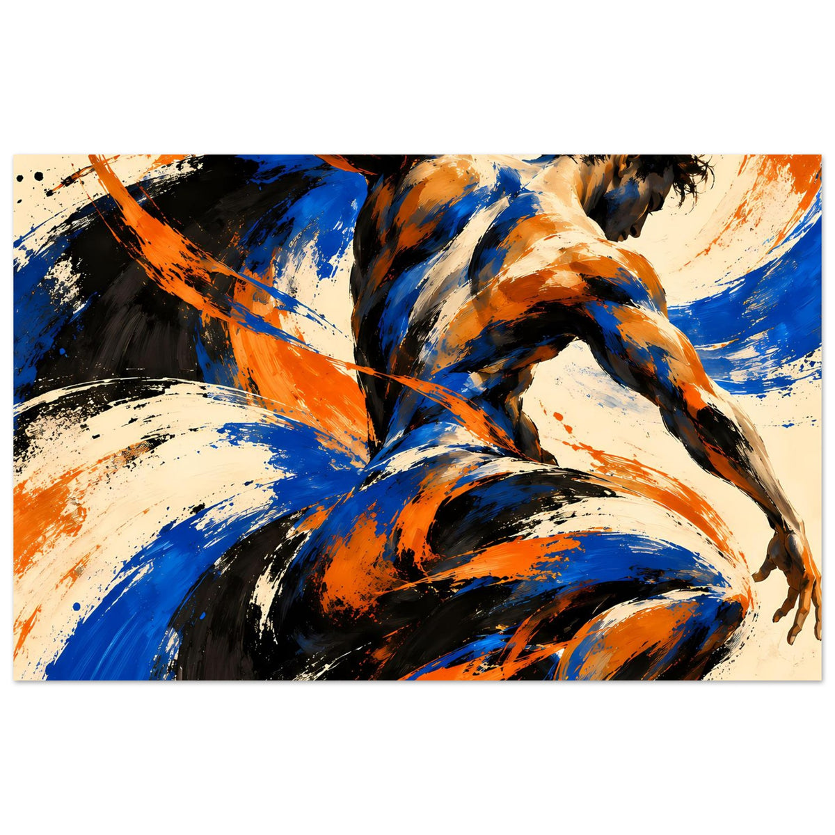 Kunstposter mit abstrakter, dynamischer Pinsel-Silhouette in Blau, Orange und Schwarz