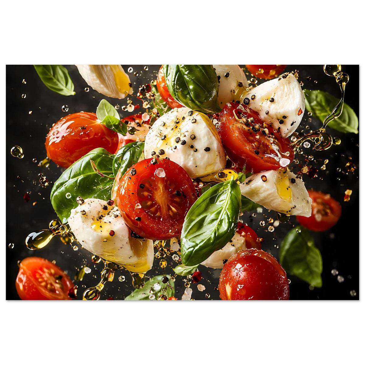 Kunstposter im Querformat mit Caprese-Motiv: Mozzarella, Tomaten, Basilikum und Gewürzsprenkeln