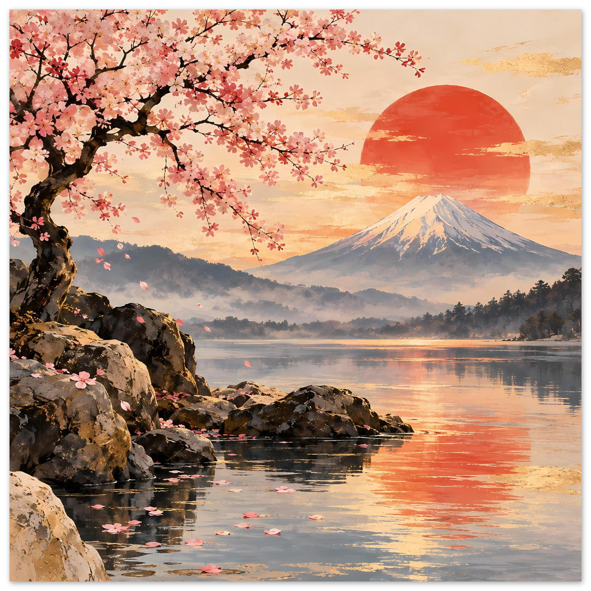 Kirschblüten-Poster mit blühendem Ast, roter Sonne, Bergsilhouette und spiegelndem Wasser
