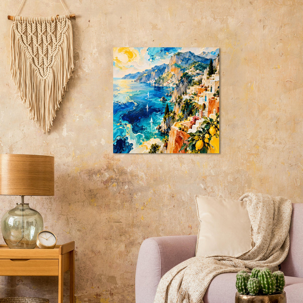 Kunstdruck mediterrane Küste mit blauem Wasser, orangefarbenen Häusern und gelben Blüten