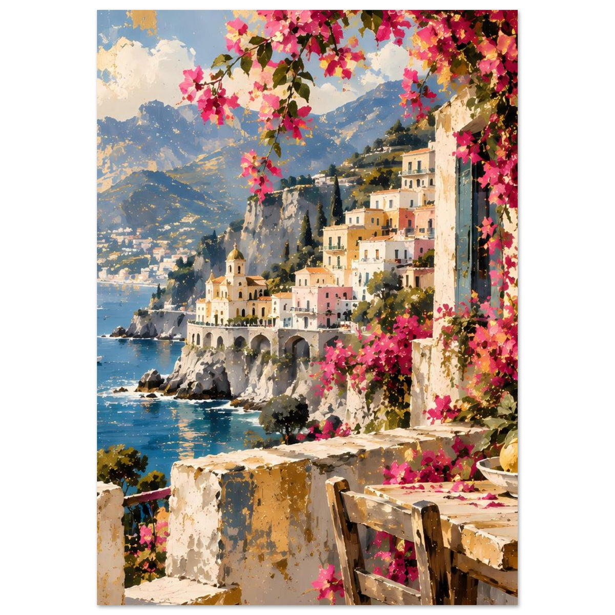 Mediterranes Küstenposter im Hochformat: Blick auf Meer, Häuser am Hang und rosa Blüten
