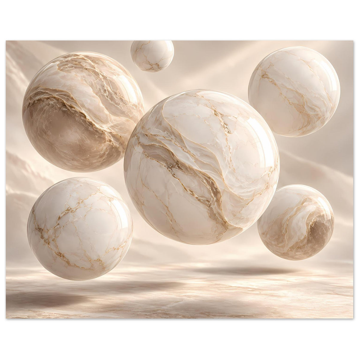 Poster mit marmorierten Kugeln in Creme und Beige, goldene Adern, horizontale Komposition