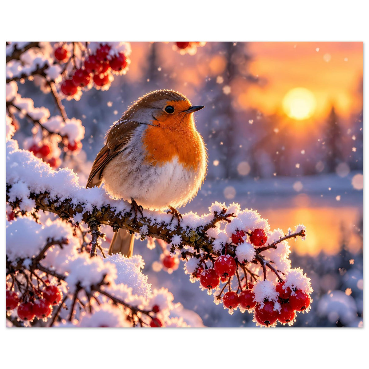 Poster mit Rotkehlchen auf verschneiten Zweigen, rote Beeren, warmes Sonnenaufgangslicht