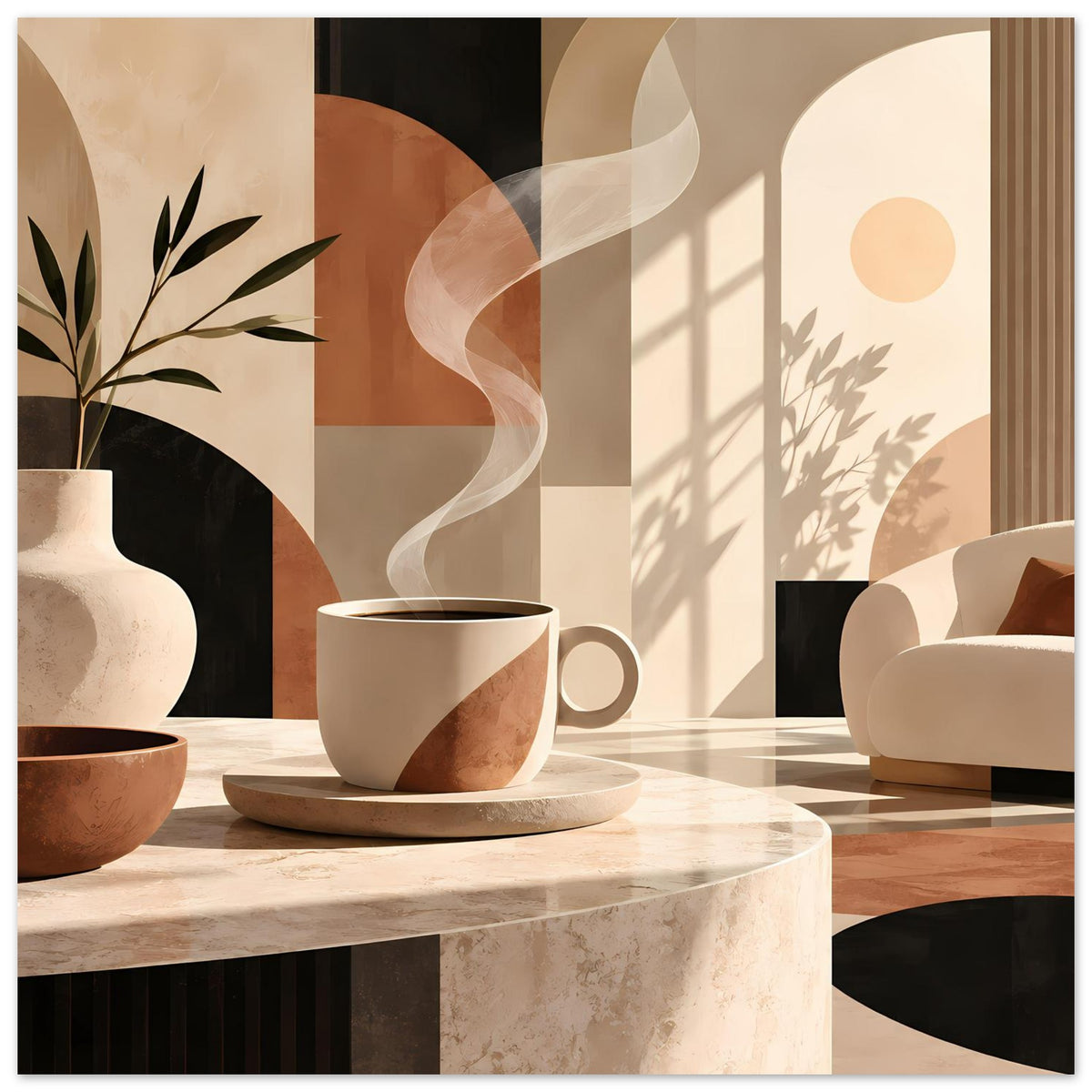 Poster mit warmen Abstraktionen: Tasse und Untertasse auf Marmorfläche, Blättervase und Sitzelement