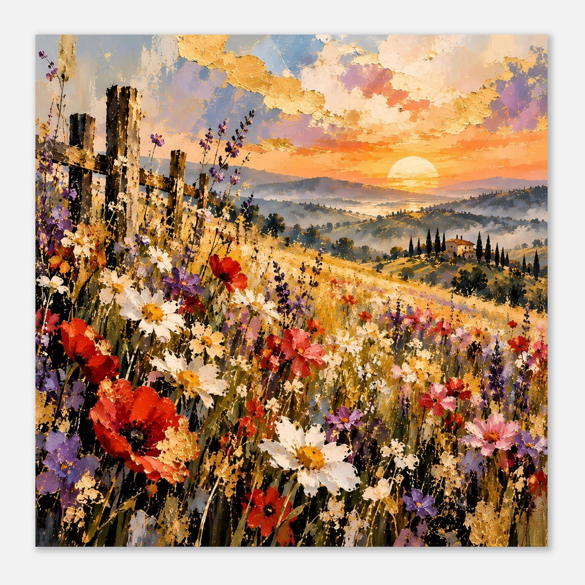 Landschaftsposter, stärkerer Fokus auf Blumen im Vordergrund und orangefarbene Sonne