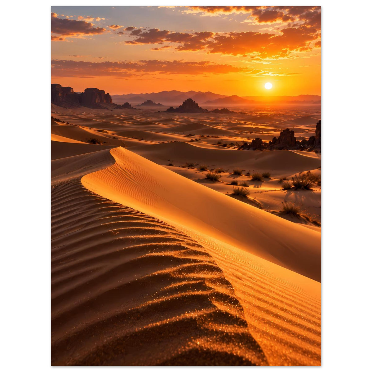 Wüstenlandschaft-Poster mit Sanddünen und goldenem Sonnenuntergang, warme orange Farbgebung