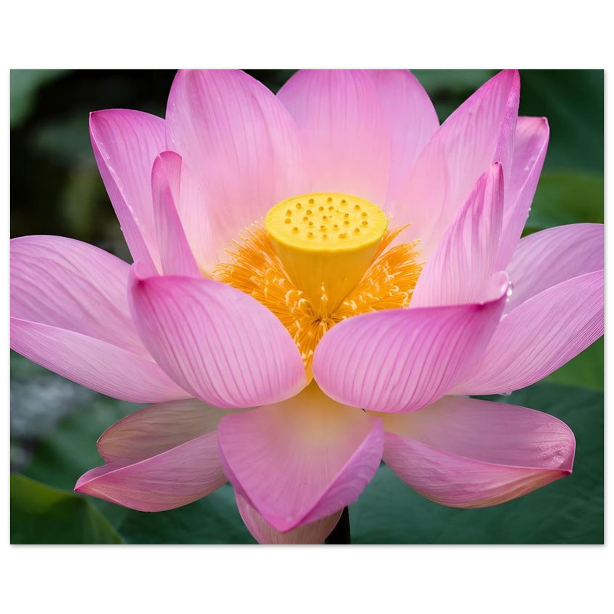 Lotusblüten-Poster mit mittig platzierter pinker Lotusblüte und gelbem Blütenkern im Rahmen