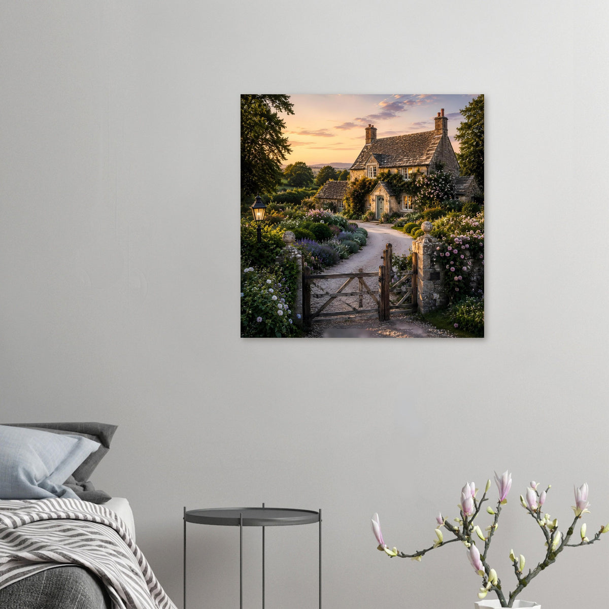 Kleines Premium-Poster mit Cottage, Blumenweg und Gartentor an der Wand