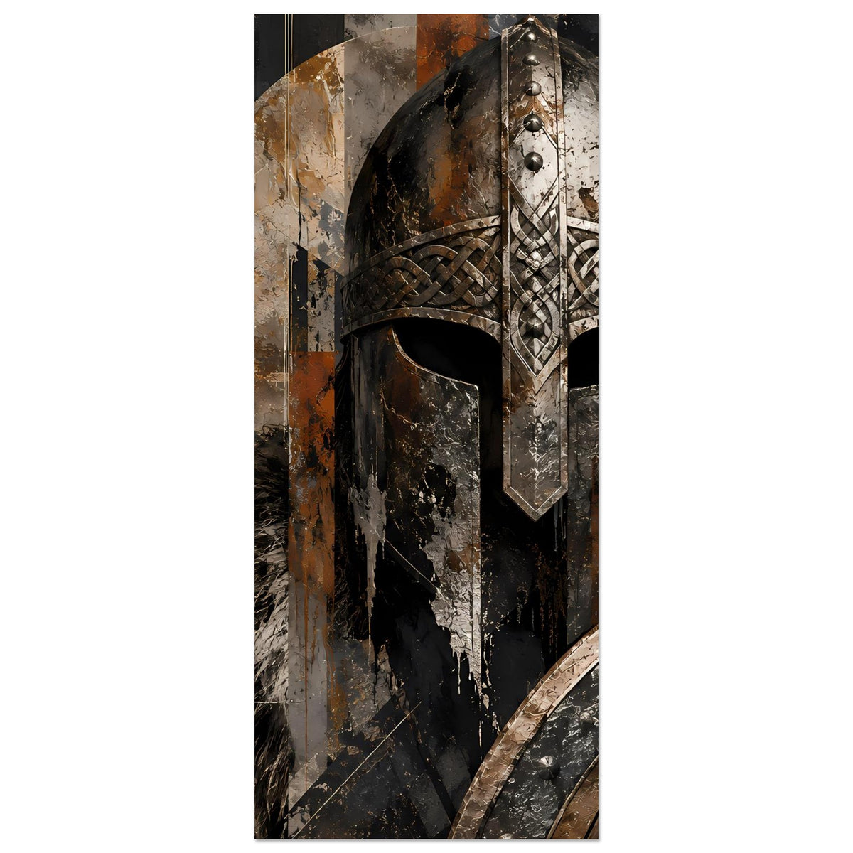 Vertikales Wikinger-Krieger-Kunstposter mit Helm und Ornamenten, Teilansicht mit Schildkante