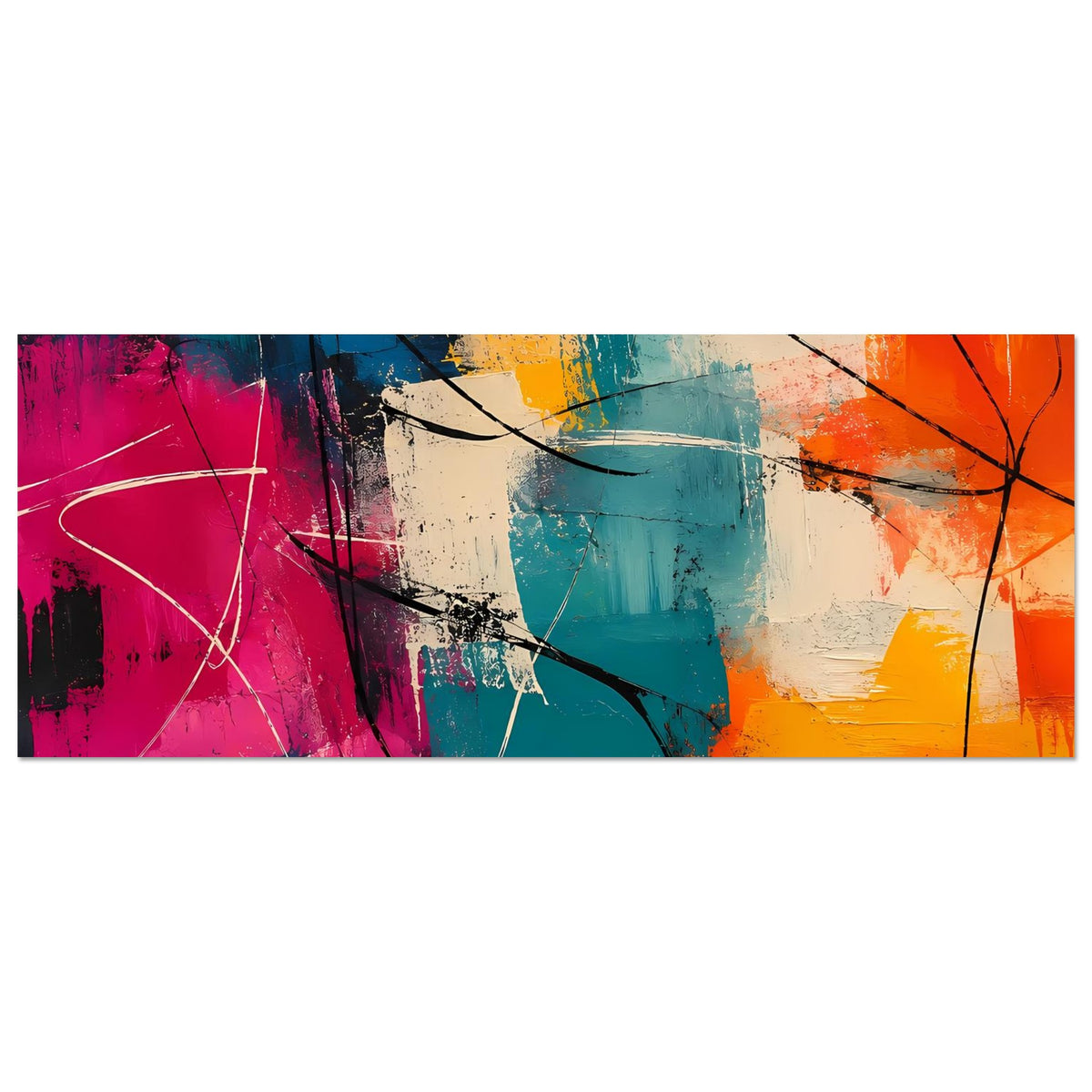 Abstraktes Kunstposter im Querformat, magenta, blau und orange mit schwarzen Linien