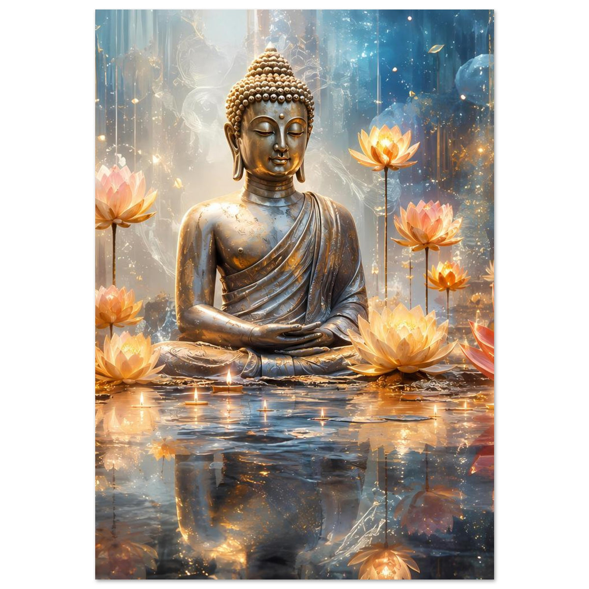 Poster mit goldener Buddhafigur im Lotussitz und mehreren leuchtenden Lotusblüten im Vordergrund.