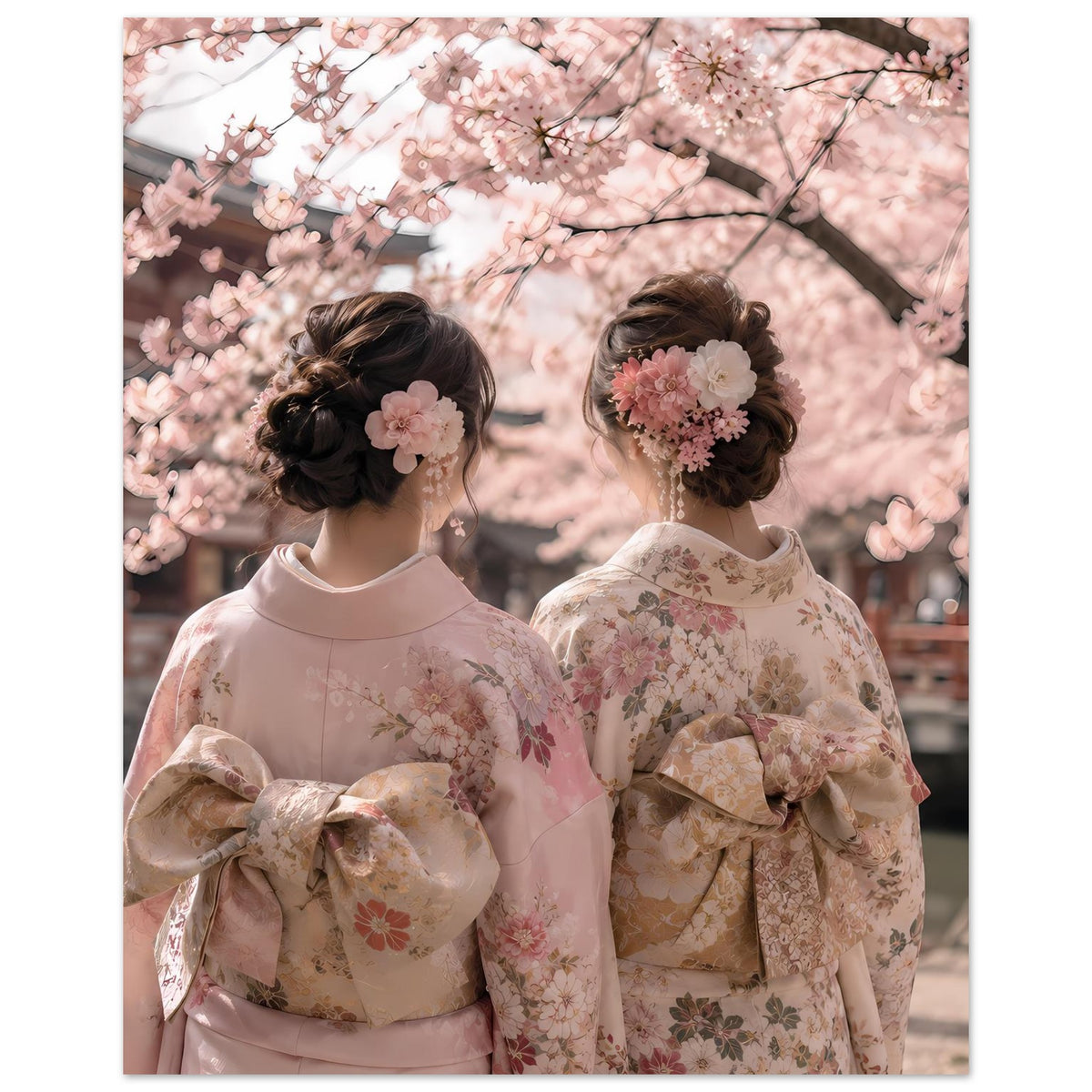 Poster mit Kimono-Motiv, zwei Personen in Pastellkirschfarbenem Look, Kirschblüten im Hintergrund