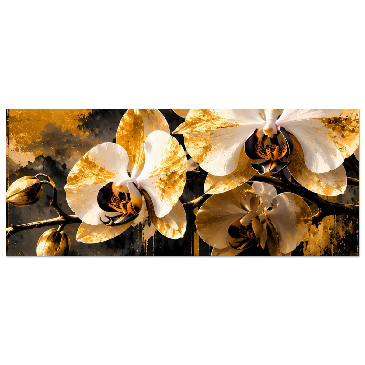 Breites Poster mit goldenen Orchideenblüten, weißen Highlights und dunklem Farbverlauf