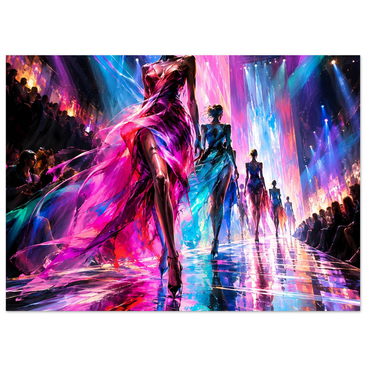 Mode-Runway-Poster im Querformat: Laufsteg mit Models in Pink-Blau-Licht und Publikum
