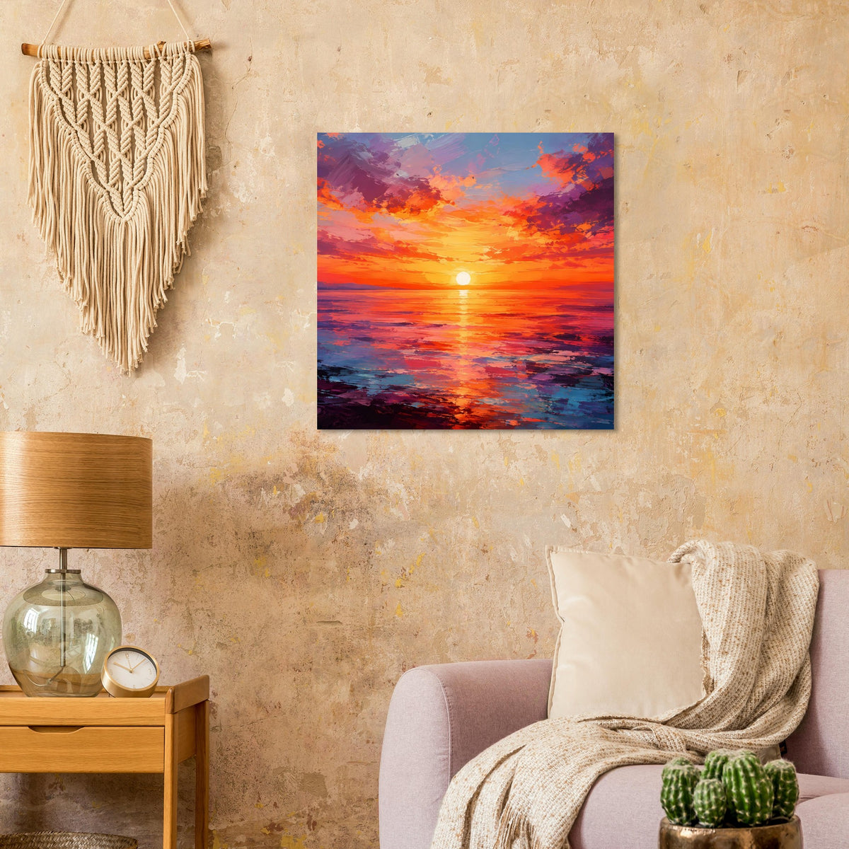 Gerahmtes quadratisches Poster: Sonnenuntergang, Wasser mit Reflexion, orange und lila Himmel.