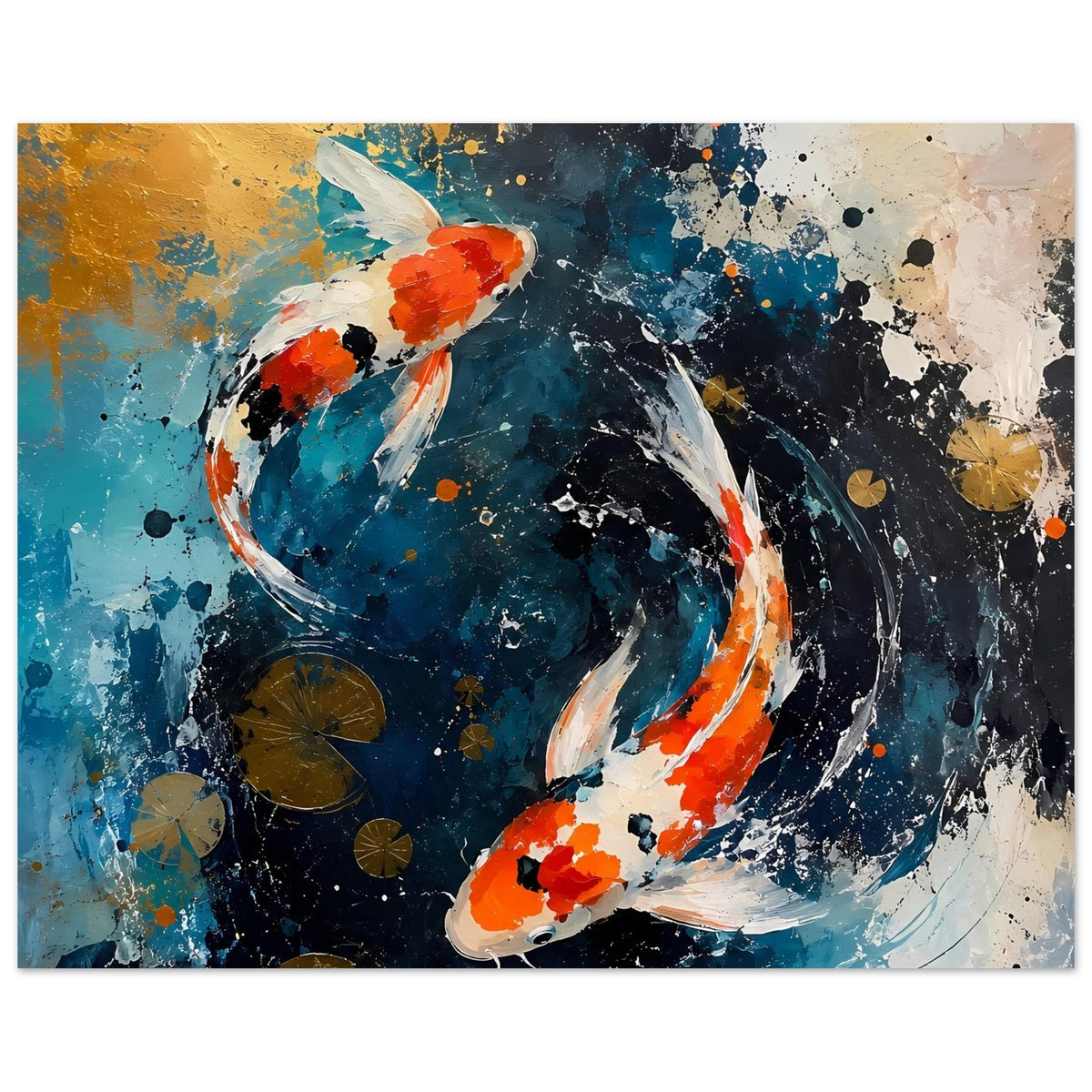 Poster mit zwei Koi in Blau, Orange und Weiß, eingetaucht in abstrakten Wasserwirbel