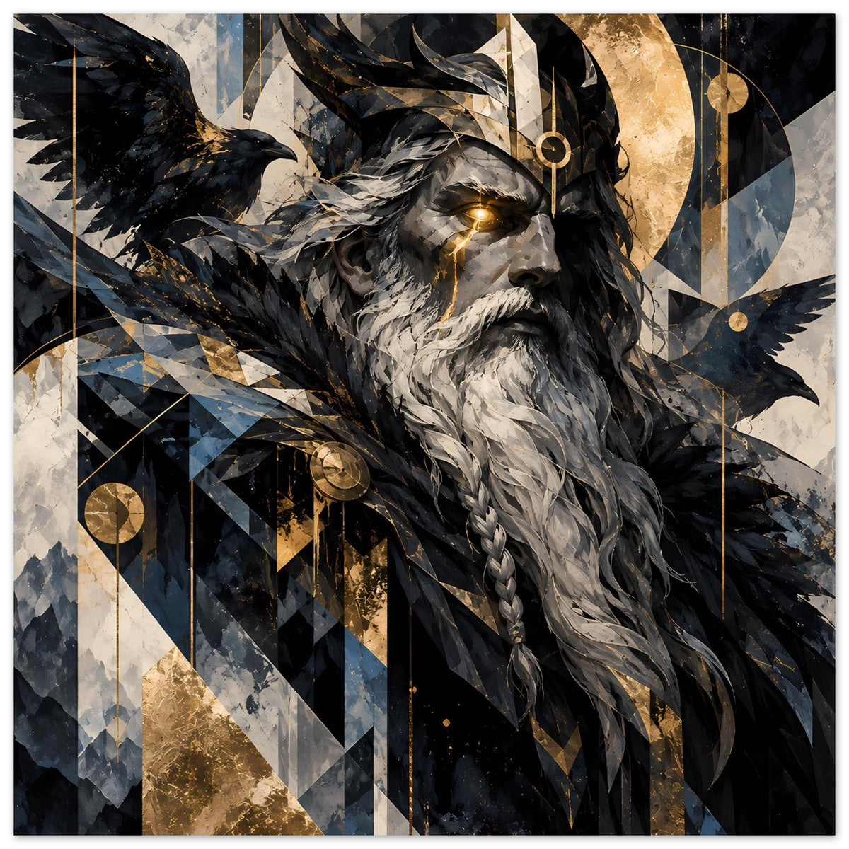 Wandposter mit Odin im Profil, goldener Kopf-Schmuck, schwarzer Federumhang und blauen Mustern
