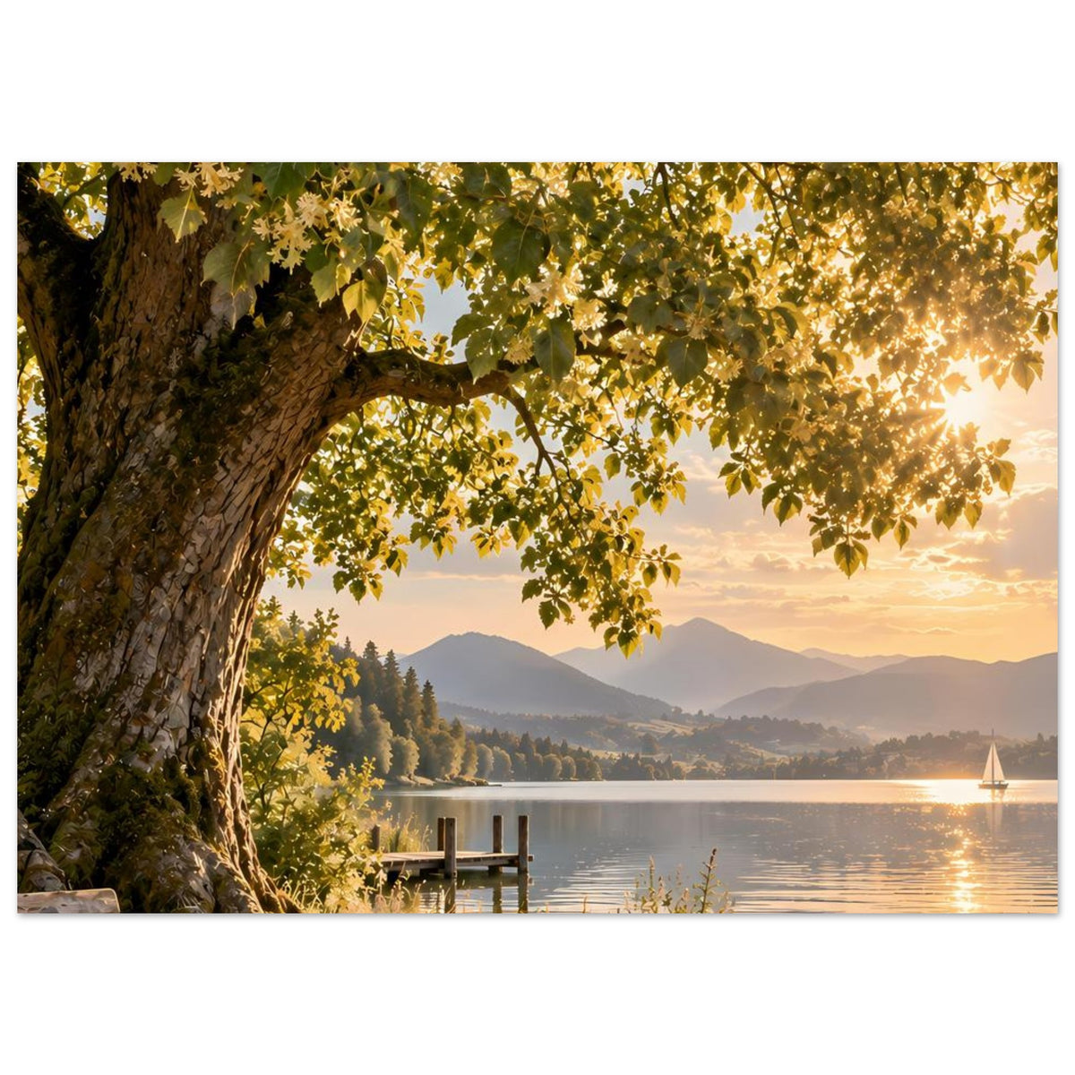 Naturposter mit Baumstamm, gelbem Laub, See mit Holzsteg und Segelboot im Abendlicht