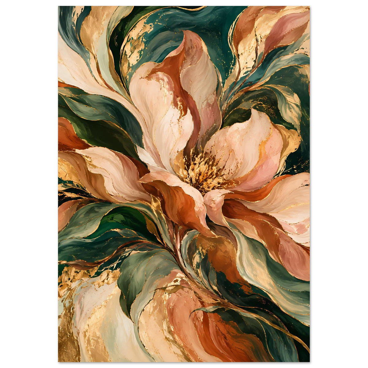 Blumenposter im Hochformat, detailreiches Pfingstrosenmotiv in warmen Creme- und Grüntönen