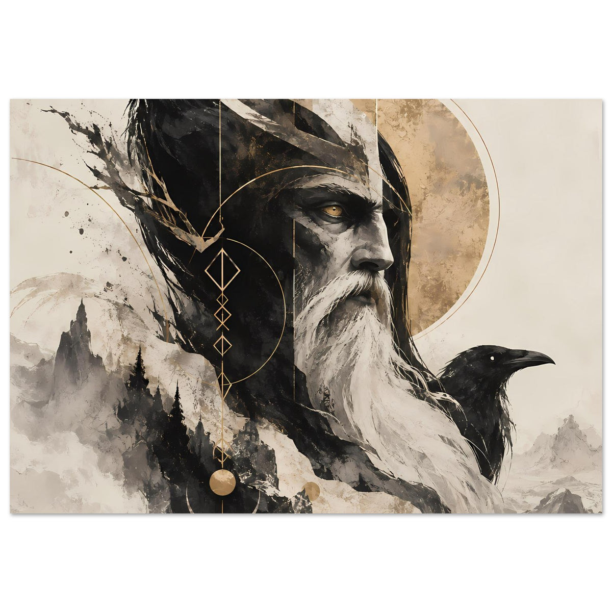 Kunstposter: nordischer Weiser mit Rabe, Halbmond im Hintergrund und goldene Deko