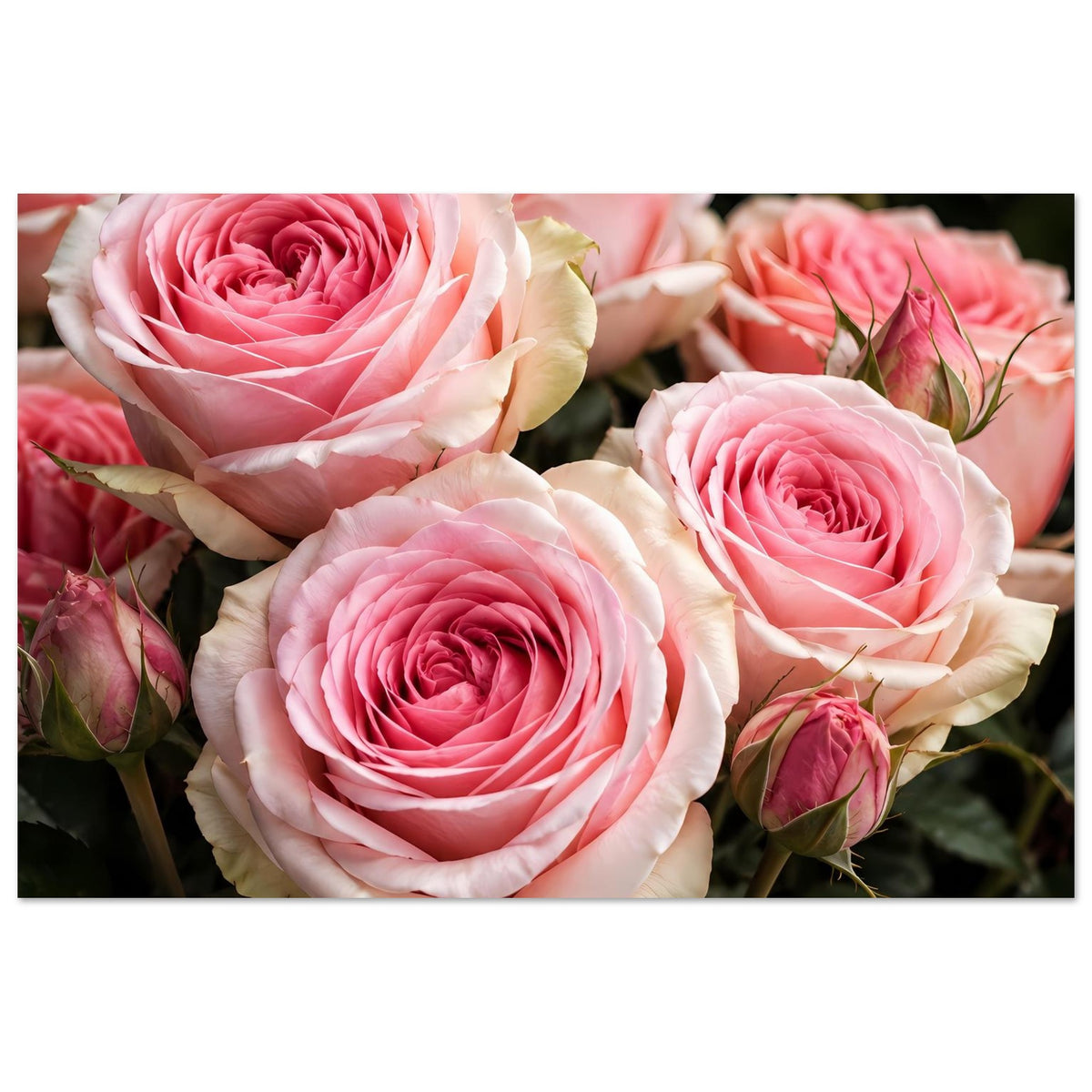Poster mit zartrosa Rosen und cremeweißen Blütenblättern, Blumenstrauß, mit weißem Rand