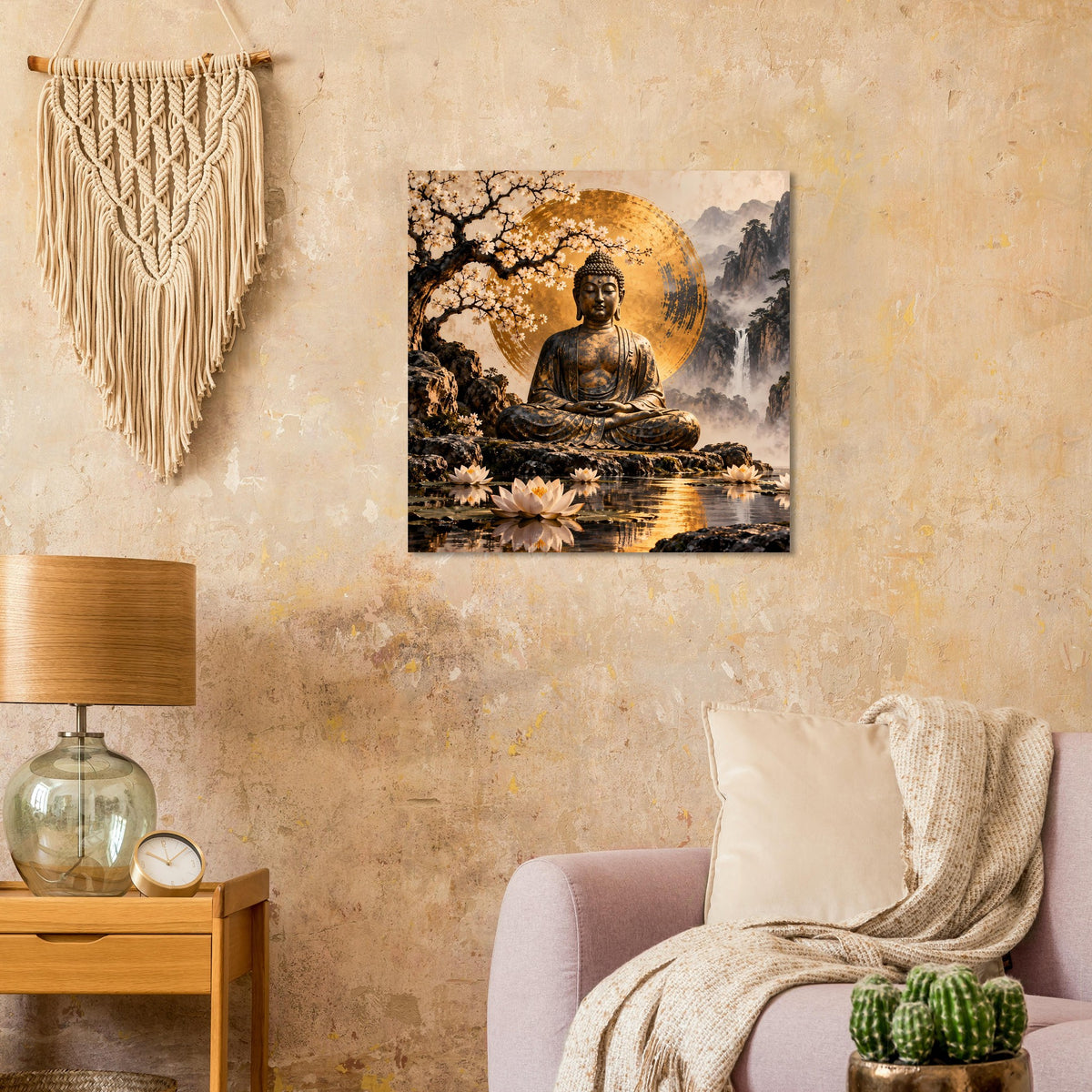 Zen-Buddha-Poster mit goldener Aura, sitzendem Buddha und Blumen am Wasser