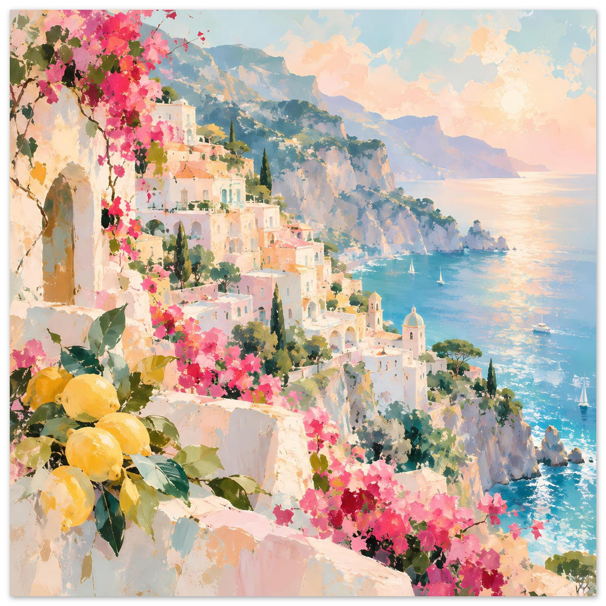 Mediterranes Küstenstadt-Poster, Zitronen und pinke Blüten im Vordergrund, blaues Meer