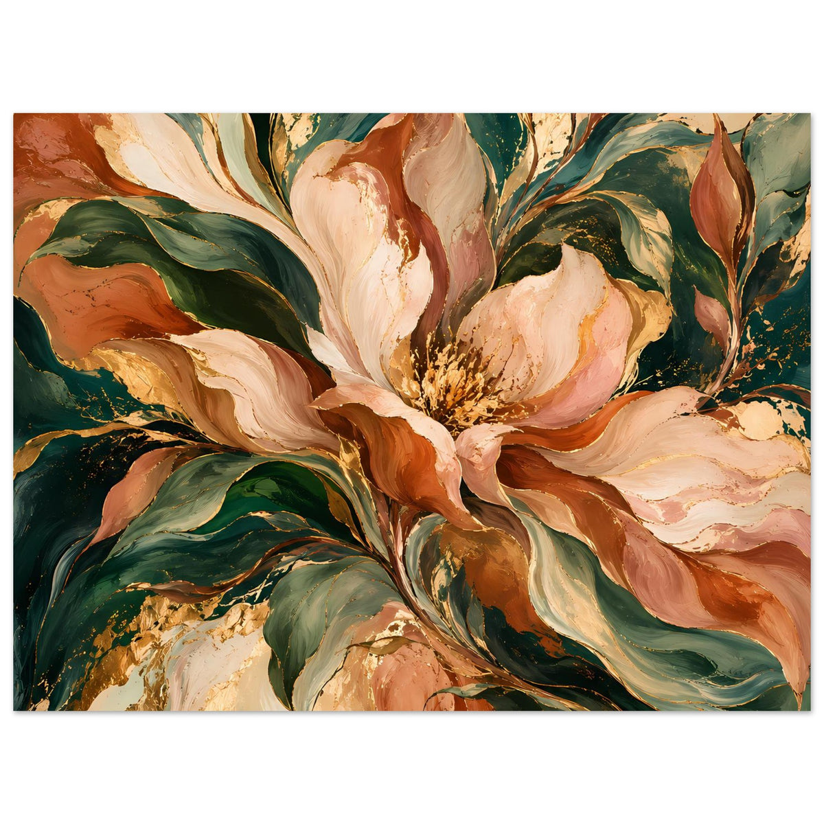 Horizontales Blumenposter mit Pfingstrosenmotive in Creme, Terrakotta und Dunkelgrün