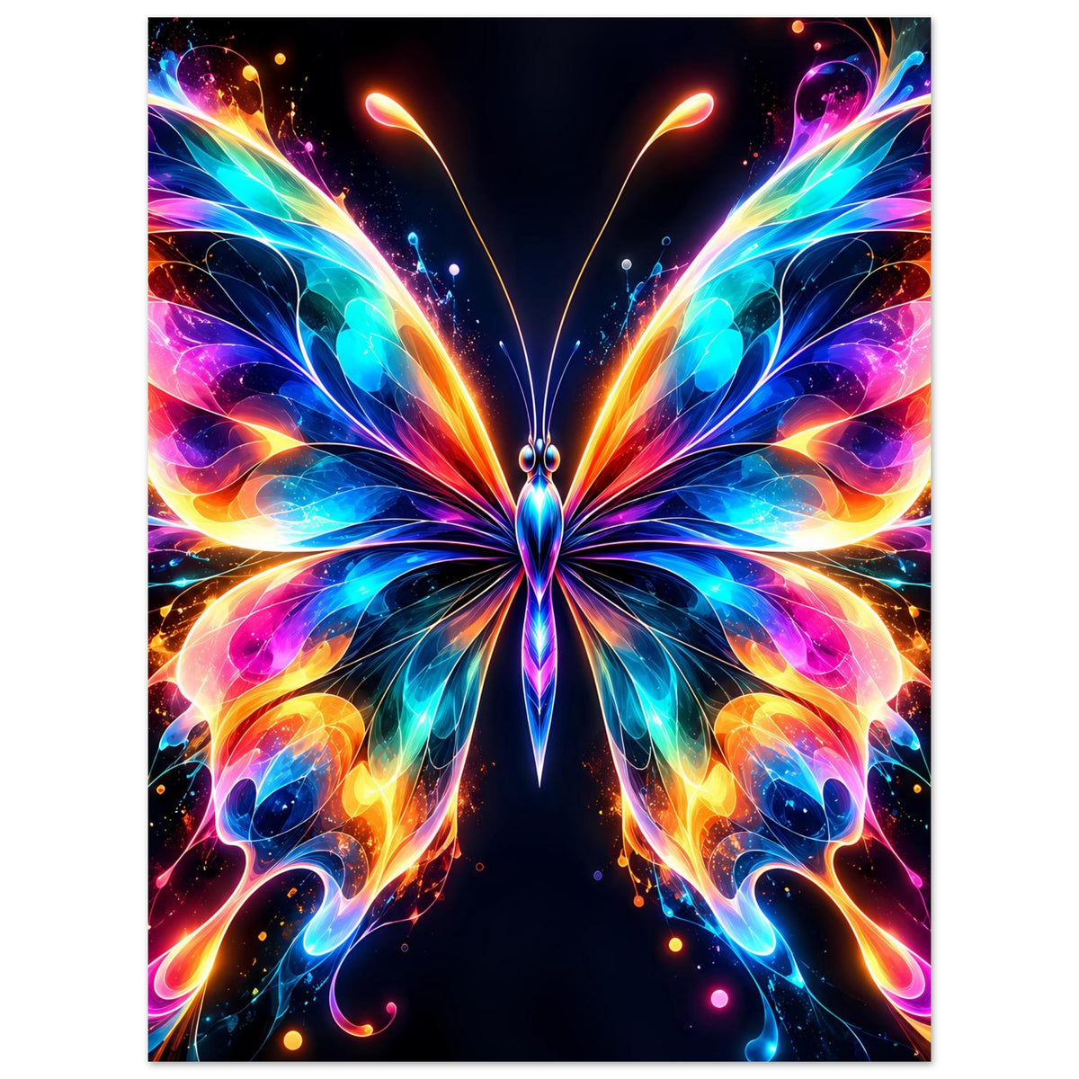 Neonfarbenes Schmetterlingsposter mit zentralem Motiv und bunten Flügeln