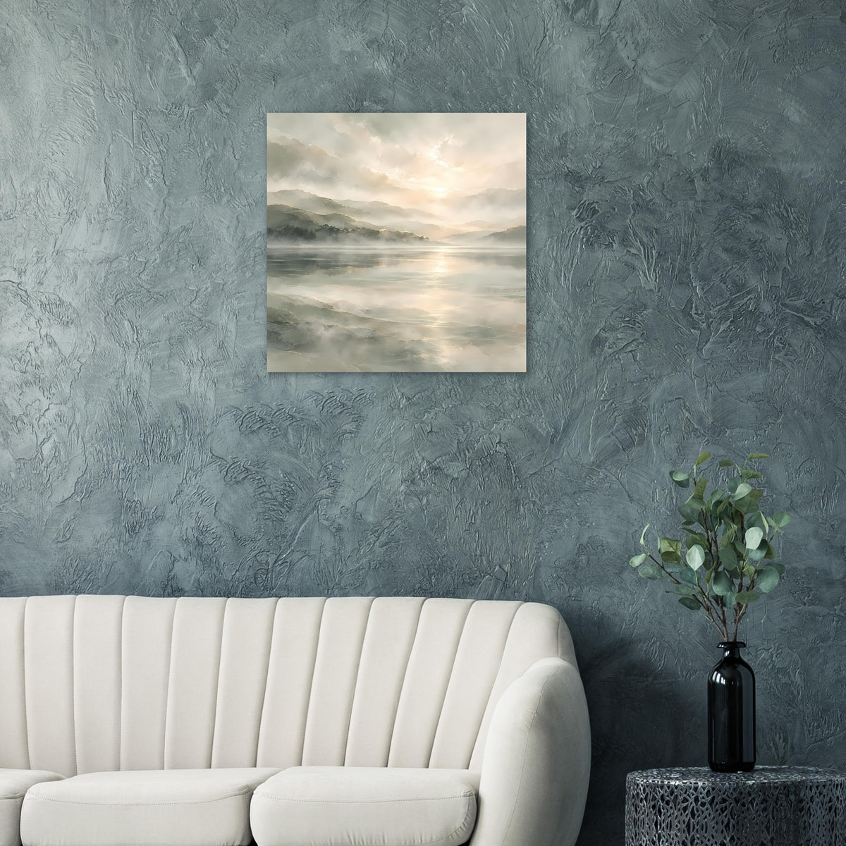 Quadratisches Poster mit See-Landschaft, Bergen und weichen Lichtreflexen