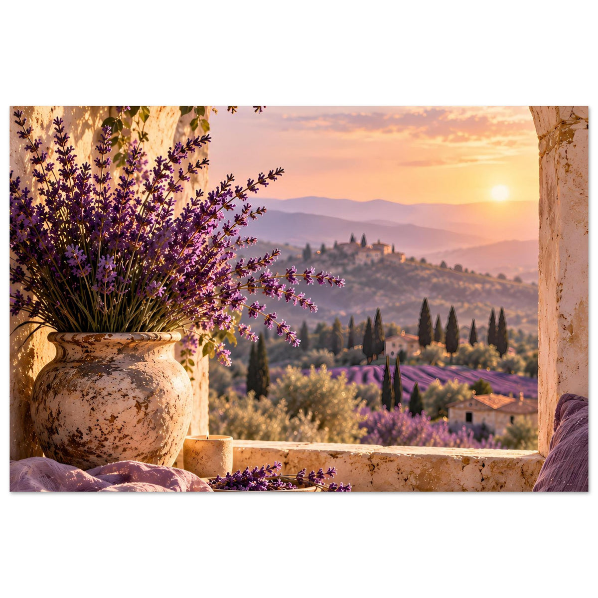 Lavendelabend-Poster mit blühenden Lavendelsträuchern, Keramikvase und Sonnenuntergang.
