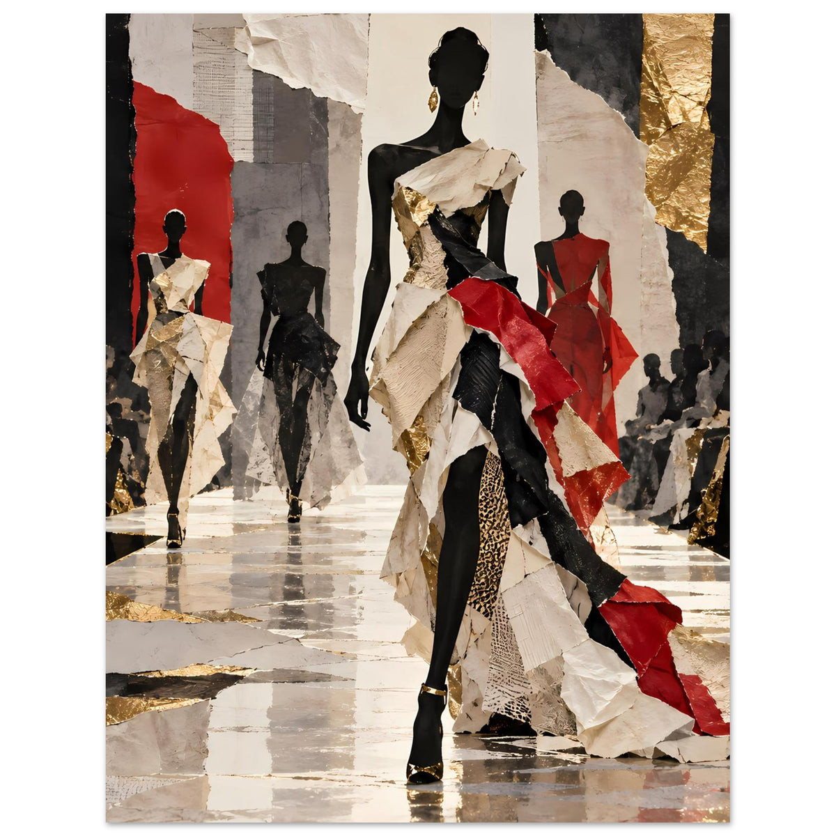 Mode-Poster im Hochformat: elegante Laufsteg-Silhouetten in Schwarz, Rot und goldenen Akzenten