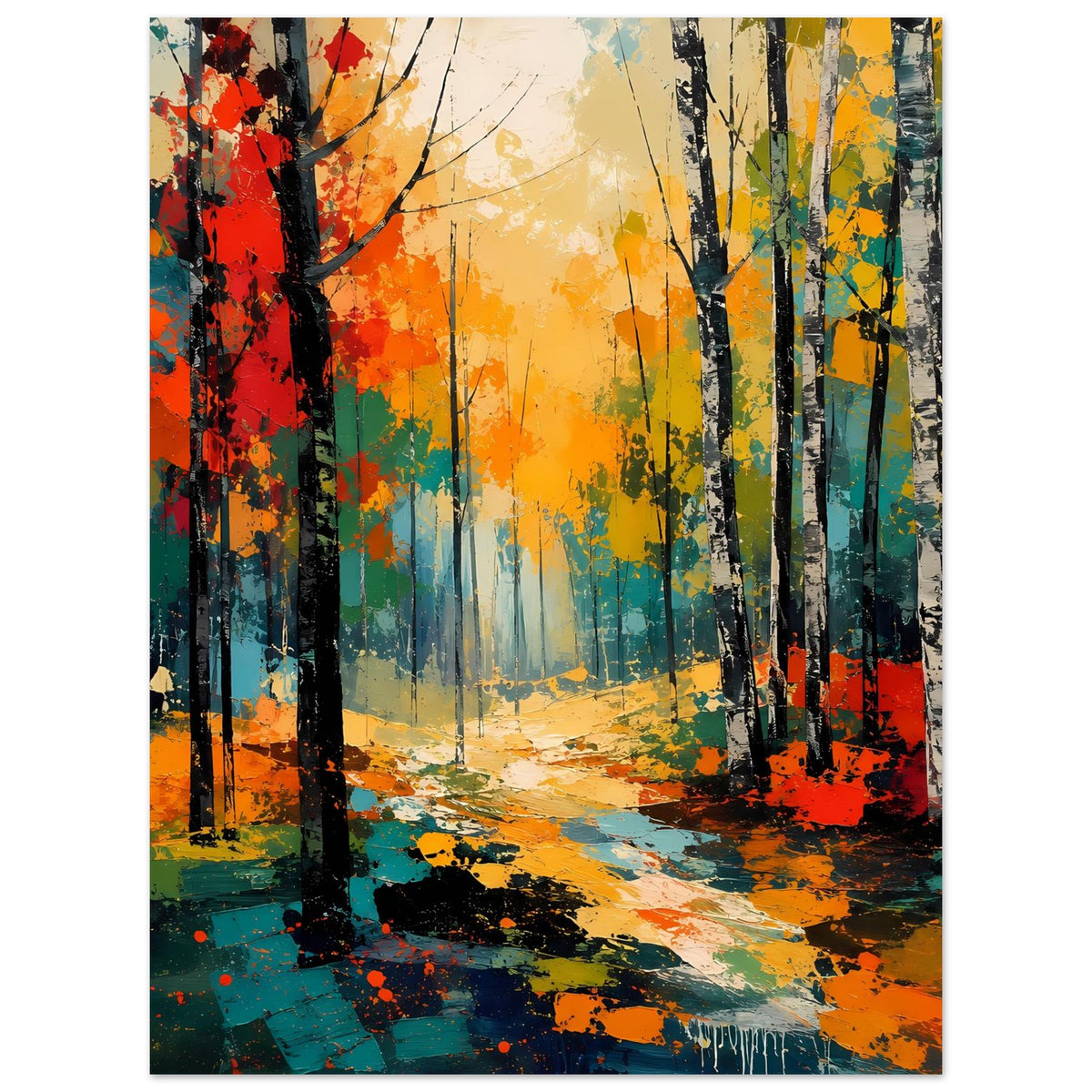 Herbstwald-Poster mit bunten Baumstämmen und beleuchtetem Waldweg im abstrakten Stil, Hochformat
