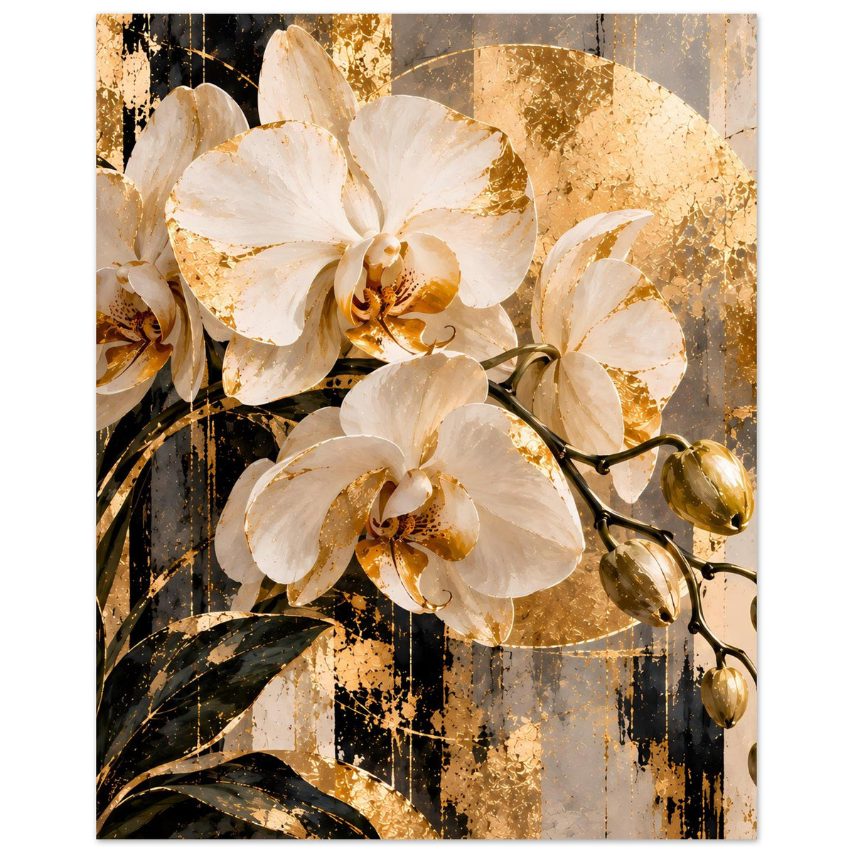 Orchideen-Wandposter (vertikal) mit goldenen Sprenkeln, cremefarbene Blüten und Zweige