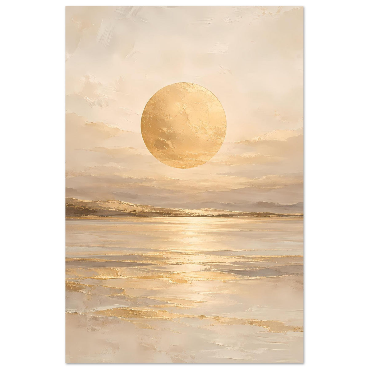 Vertikales Kunstposter in Beige mit goldener Kreis-Sonne und sanften Wolken am Horizont