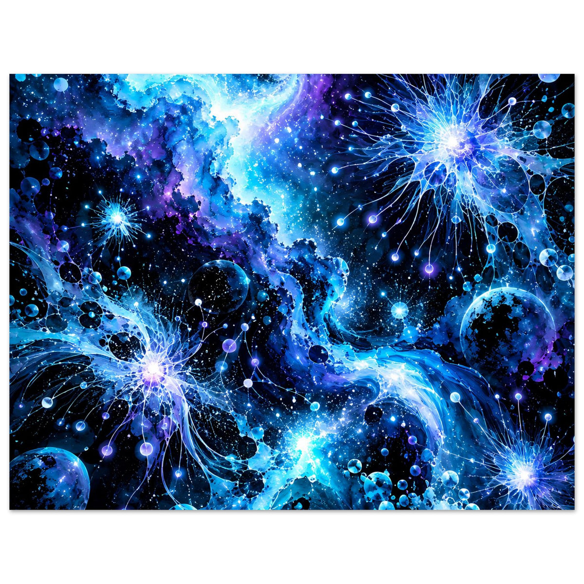 Leuchtendes galaktisches Poster mit blauem Universum, Planeten und leuchtenden Sternkernen