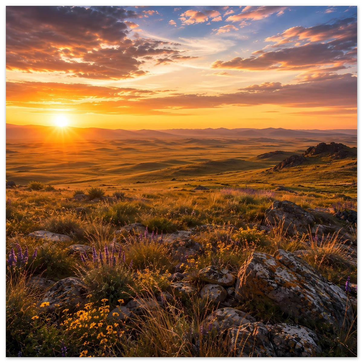 Hochformatiges Poster mit hellem Sonnenaufgang links, goldenem Himmel, Grasfeldern und Felsen