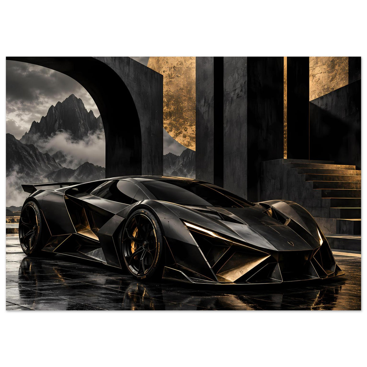 Autoposter-Poster: futuristischer Supersportwagen, schwarz, goldene Designlinien, Seitenfront