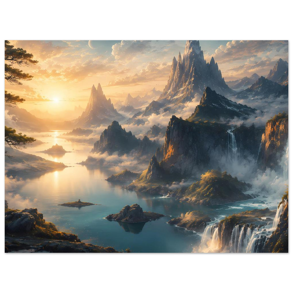 Horizontales Poster mit Berglandschaft, Wasserfällen und See im goldenen Morgenlicht
