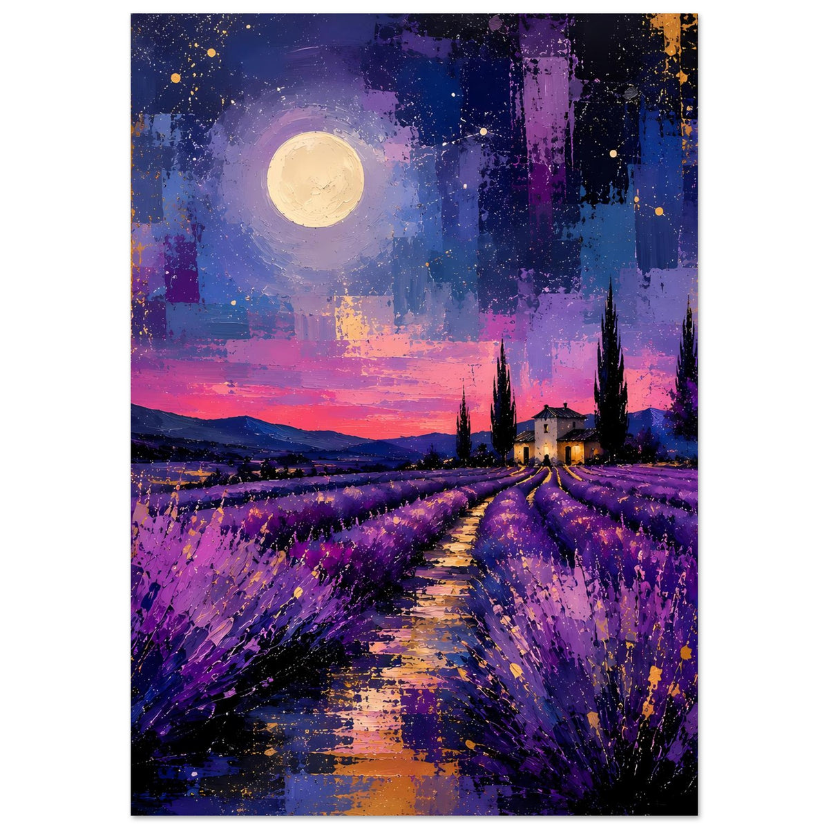 Lavendelfeld-Poster mit Vollmondhimmel, lila Feldern, Feldweg und kleinem Haus im Hintergrund
