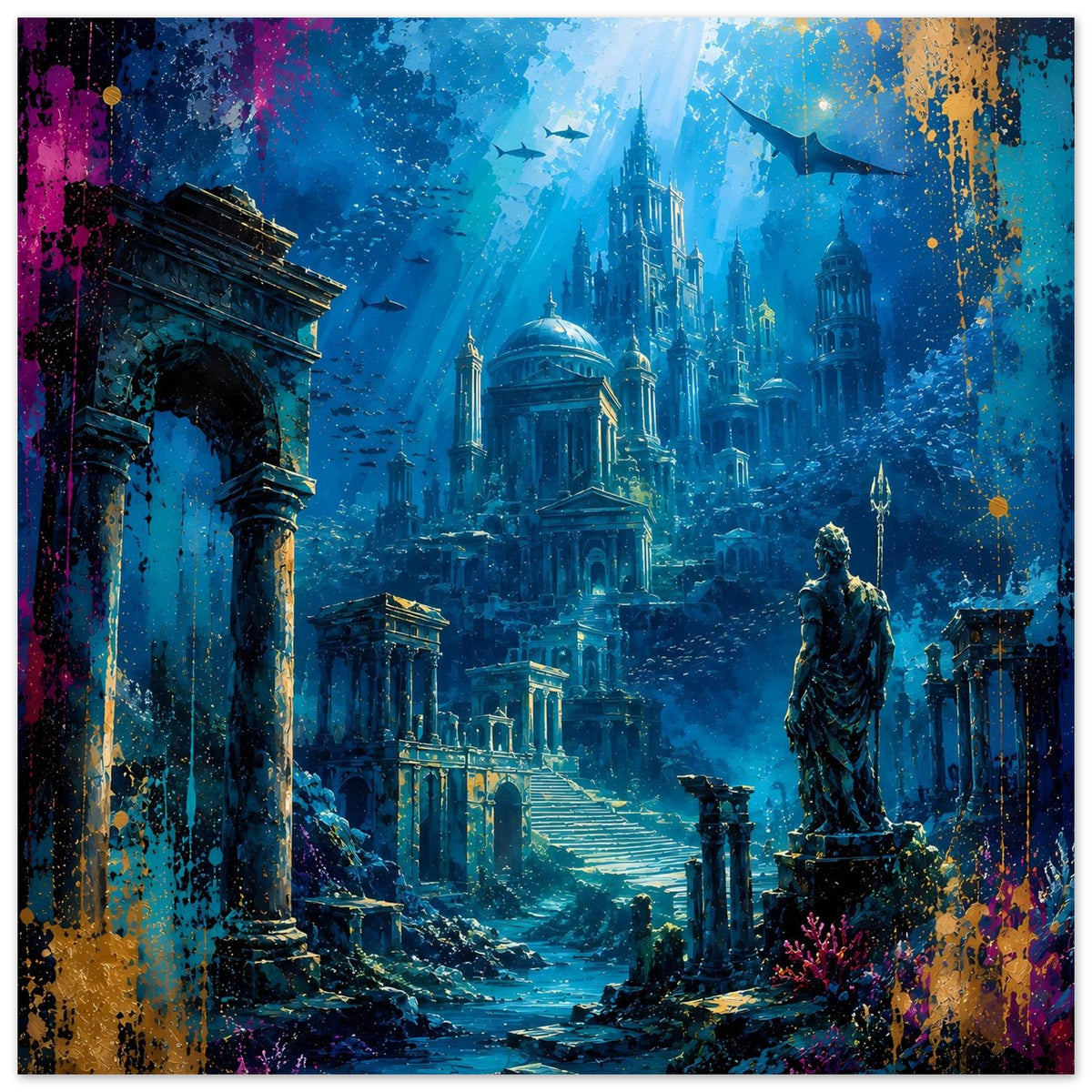 Poster mit Unterwasserstadt Atlantis, große Kuppel und Statue im Vordergrund