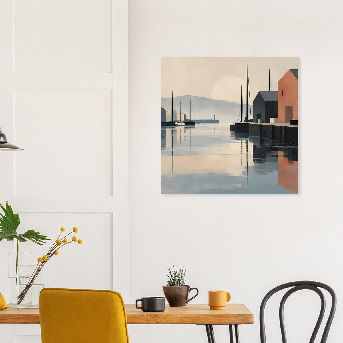 Quadratisches Poster mit Hafen und Schornsteinen, reflektierender Wasserfläche.